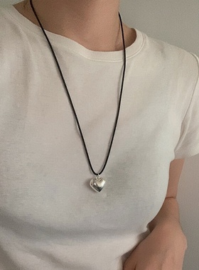 长款编织绳金属爱心吊坠项链女韩国小众复古个性简约百搭气质颈链
