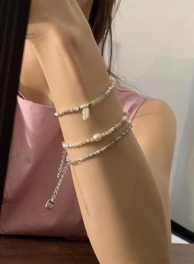 小众设计感水晶珍珠碎银子手链女复古个性简约百搭气质时尚手镯