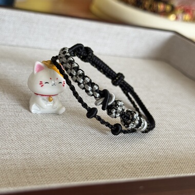 双连结双层叠戴桃花手绳暗黑系手工编织手链可穿黄金转运珠送闺蜜