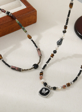 跨境复古天然石黑尖晶串珠项链蝴蝶吊坠黑线红纹中性高级感锁骨链