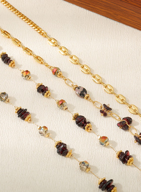 美拉德小众复古风秋冬焦糖项链毛衣链天然石榴石水晶串珠项链