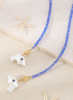 小众清新蓝色水晶陶瓷海豚项链跨境波西米亚多层叠戴长款颈链