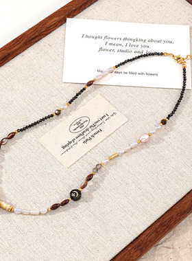 欧美小众设计黑尖晶手工串珠项链感淡水珍珠复古拼色锁骨链