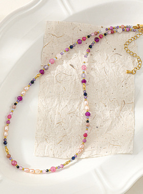 欧美跨境彩色天然石淡水珍珠项链2025年新款时尚百搭感锁骨链