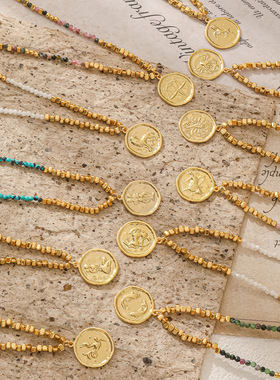 跨境十二星座欧美时尚气质彩色天然石串珠项链男女小众锁骨链义乌