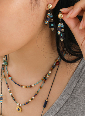 复古彩色天然石项链新中式毛衣链波西米亚风时尚中古耳环饰品