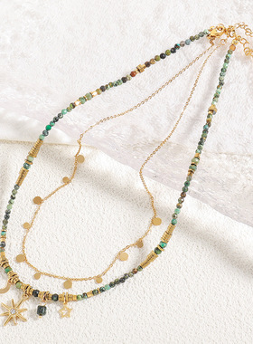 复古彩色天然石手工串珠项链小众设计黄铜叠戴锁骨链星星吊坠颈链