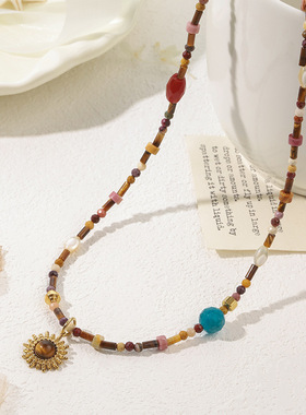 部落民族风天然石串珠项链女复古美拉德虎眼石贝壳叠戴锁骨链