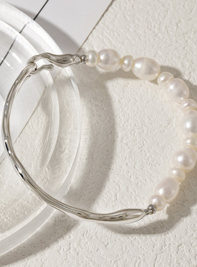 小众设计不规则半镯淡水珍珠手链女法式简约百搭感树枝纹手镯