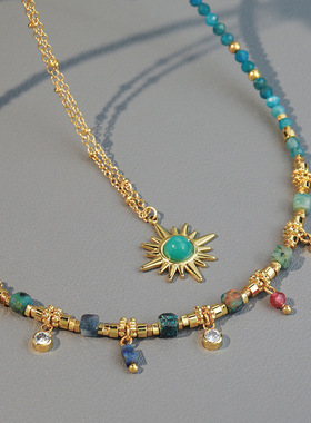 彩色天然河石手工串珠项链小众设计波西米亚风太阳吊坠叠戴锁骨链