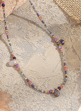 欧美高质量紫色天然石手工串珠锁骨链小众设计时尚气质项链