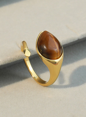 法式复古天然虎眼石开口戒指小众设计高级感琥珀色轻奢气质指环