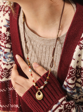 GARY工作室复古做旧双层项链麂皮绳彩石串珠秋冬穿搭氛围感锁骨链