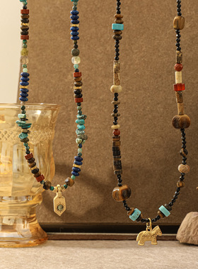 逐日裘马 原创复古虎眼石松石串珠项链配饰轻奢小众感锁骨链