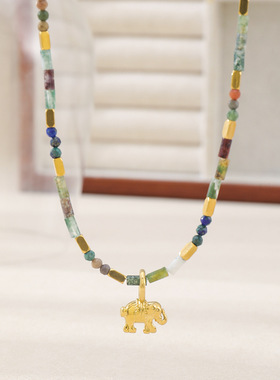 波西米亚天然松石串珠设计感项链月牙淡水珍珠吊坠钛钢镀金锁骨