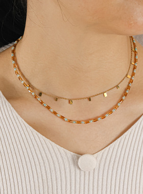 秋冬焦糖吊坠串珠感精致项链轻奢水晶两戴可拆显贵气质锁骨链