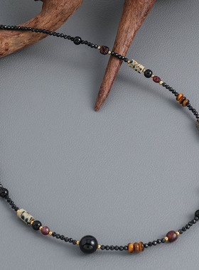 新中式国风天然石黑玛瑙手工串珠项链小众设计复古百搭黑尖