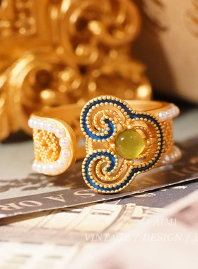 新中式镀金珐琅如意镂空琉璃戒指