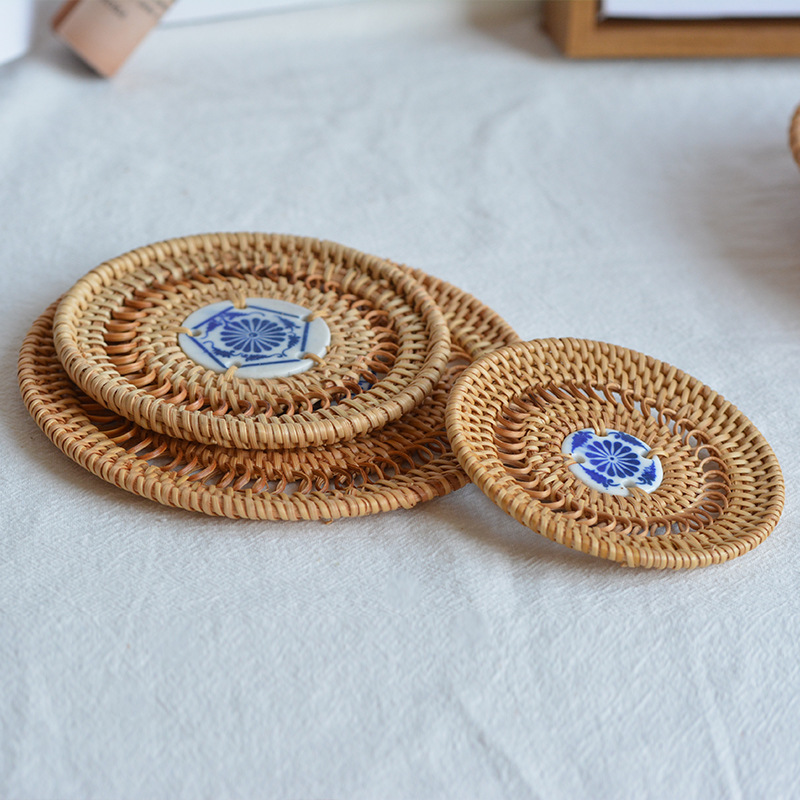 @..Rattan Weave Ceramic Hollow Coasters Heat Insulation Mats - 图1