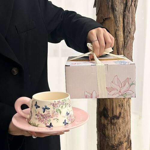 复古陶瓷杯碟紫薇花油画般咖啡杯碟套装下午茶拿铁马克杯伴手礼盒 - 图0