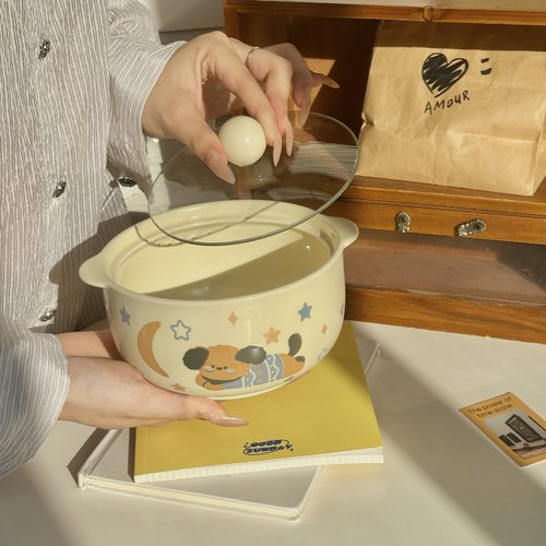 韩式可爱奶油风小狗双耳泡面碗2025新款陶瓷大碗学生宿舍螺蛳粉碗 - 图3