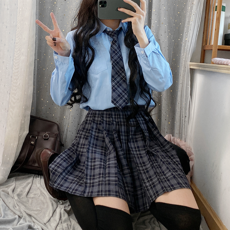 新款日系JK学院风少女制服长袖衬衫小清新蓝色班服学生衬衣