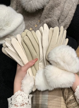 新款米白系德绒手套触屏女士户外时尚麂皮绒加绒毛口保暖手套骑行