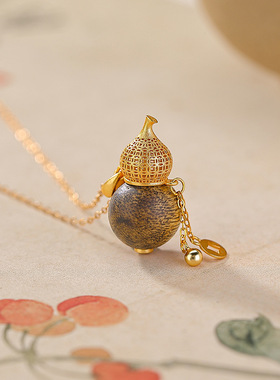 沉香S925纯银镀金铜钱葫芦吊坠