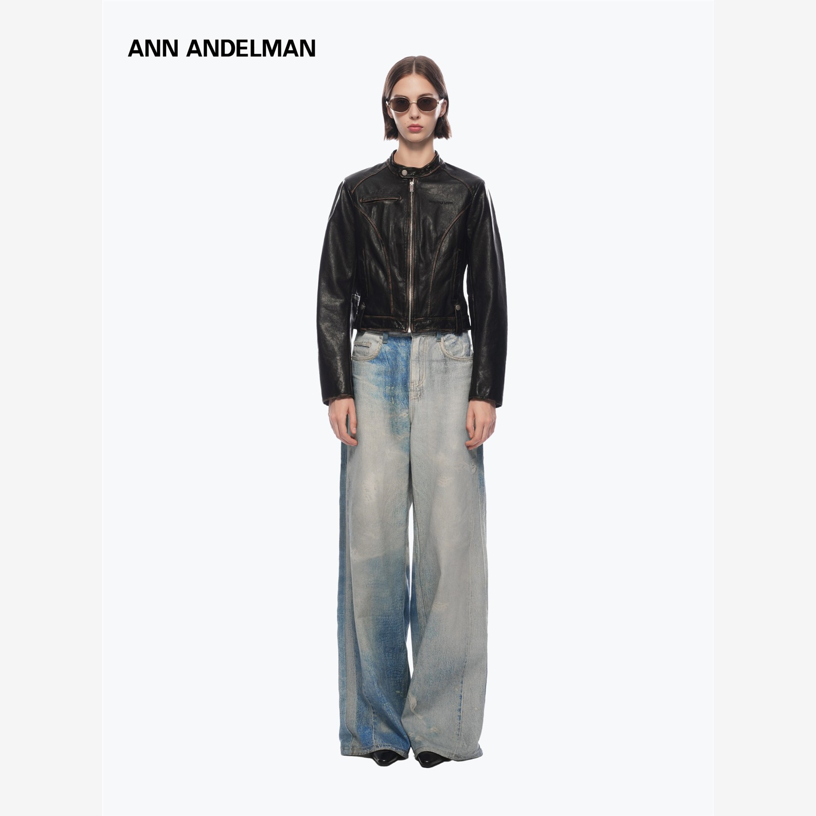 ANN ANDELMAN立领修身皮夹克秋冬短款机车明线装饰棕色皮衣女外套 - 图3