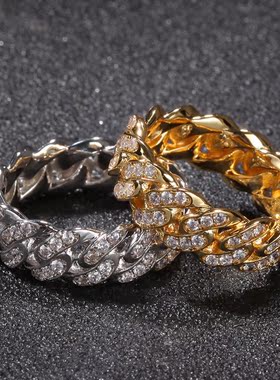 欧美ins风古巴链嘻哈锆石戒指女