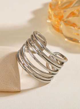 韩版小众简约钛钢镀几何凹凸多层线条镂空可调节开口戒指指环