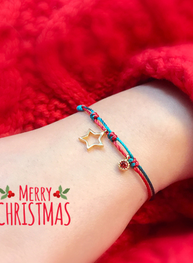 THISNESS 圣诞特辑 纯银镀金五角星红绿编绳手链小众设计原创