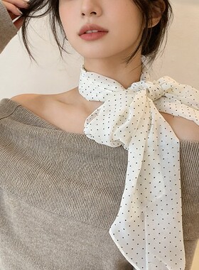 复古酒红色波点丝巾女士2026新款高级感长条系脖围巾百搭纱巾配饰