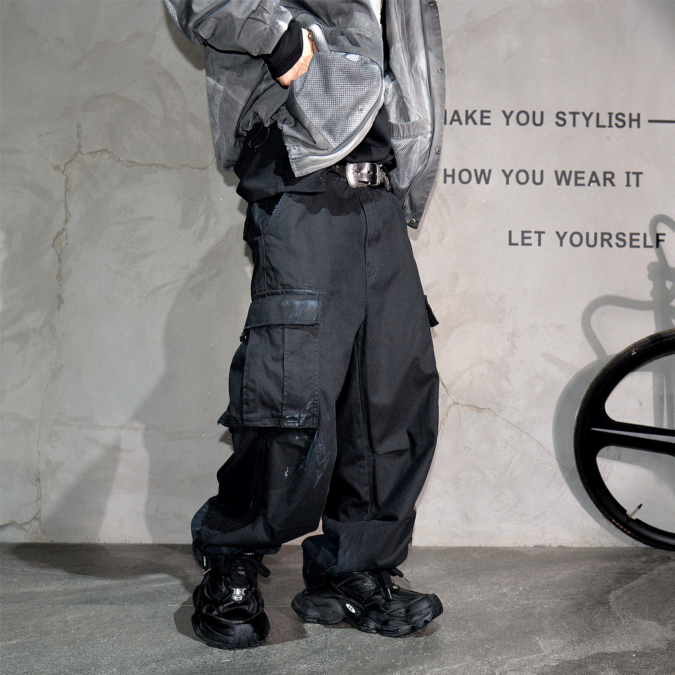黑色大口袋阔腿工装休闲裤男潮牌日系复古机能风痞帅宽松直筒长裤,淘宝优惠券,粉丝福利购,淘宝优惠卷