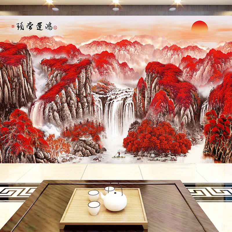 鸿运当头3d立体壁画定制墙布5d中式山水国画8d客厅电视背景墙壁布 - 图0