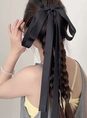 法式浪漫黑色大蝴蝶结飘带发夹后脑勺长飘带丝带发夹头饰