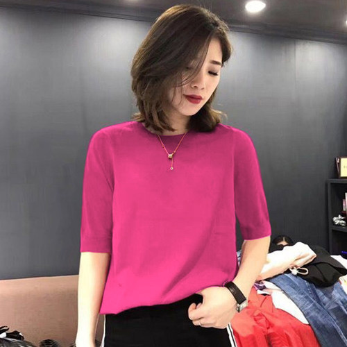 短袖上衣女春夏2025新款洋气半高领五分袖针织衫女薄款中袖打底衫 - 图1