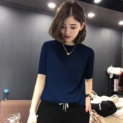 短袖上衣女春夏2025新款洋气半高领五分袖针织衫女薄款中袖打底衫 - 图0