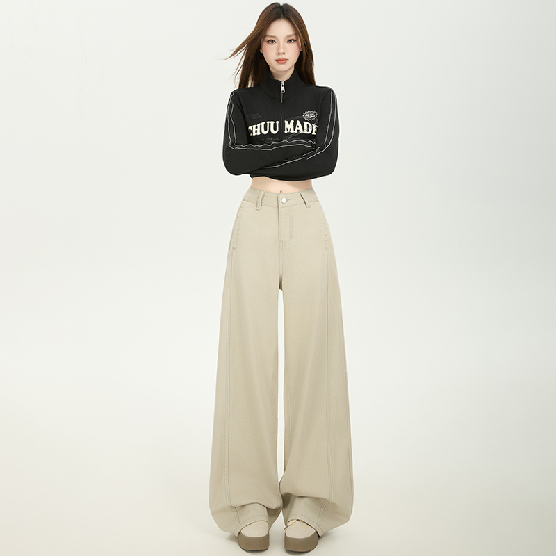 艾格Etam卡其弯刀阔腿牛仔裤女冬季加绒小个子显瘦宽松直筒镰刀裤 - 图3