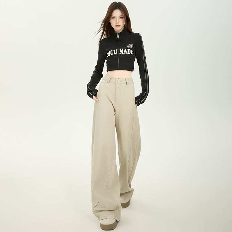 艾格Etam卡其弯刀阔腿牛仔裤女冬季加绒小个子显瘦宽松直筒镰刀裤 - 图1