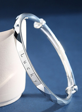 日韩数字情侣时尚字母Lucky幸运手环可推拉镀银手镯女纯银镯子