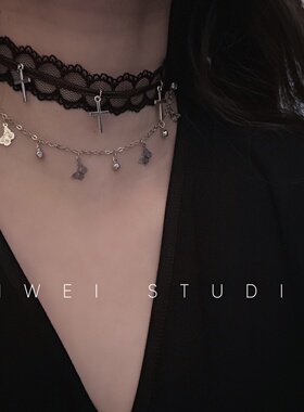 「繁星」choker小众设计气质双层蕾丝流苏蝴蝶十字架锁骨链项圈女