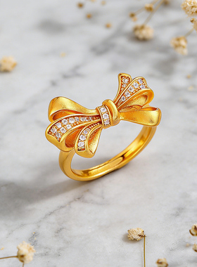 香橙朵朵铜镀金蝴蝶结戒指女可爱锆石开口戒指可调节儿童公主戒子