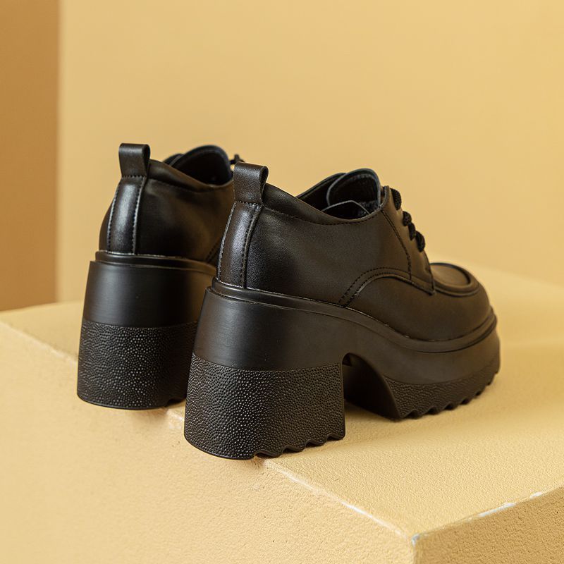 30313233小码10CM增高粗跟小皮鞋2025春秋松糕厚底高跟百搭真皮女 - 图0