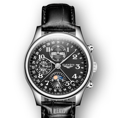 正品冠琴全自动机械表真皮带数字款表防水日历男士浪海手表男表