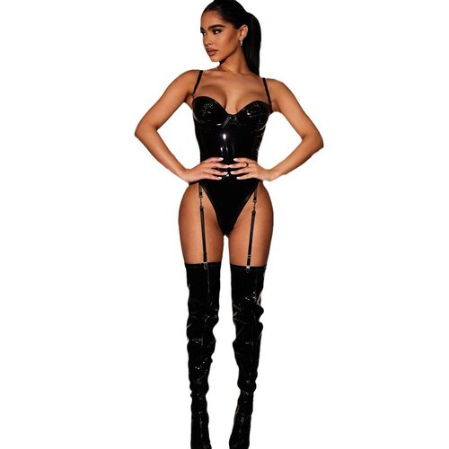 PU leather underwear suspender jumpsuit set皮pu内衣连体套装 - 图3