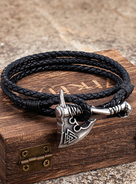 真皮手环手工编织手链皮质手环潮流饰品个性不锈钢复古斧头吊坠