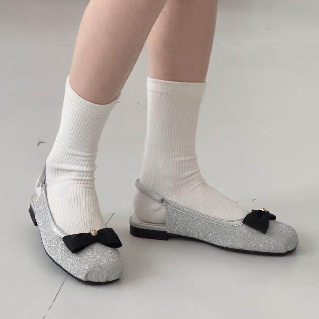 韩国东大门代购女鞋气质显瘦亮丝银色蝴蝶结后镂空低跟包头单鞋女,淘宝优惠券,粉丝福利购,淘宝优惠卷