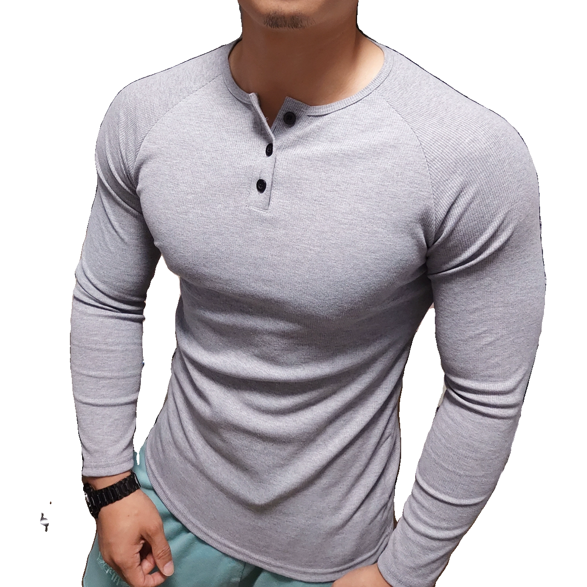 男士亨利衫秋冬季美式健身长袖条纹弹力修身休闲运动打底衫棉T恤,淘宝优惠券,粉丝福利购,淘宝优惠卷