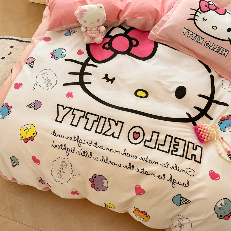 定制helloKitty三丽鸥凯蒂猫纯棉女孩儿童床笠三件套双层床四件套